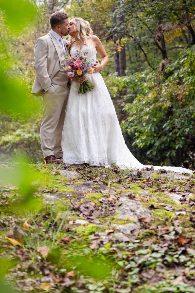 A romantic wedding couple shares intimate moments in Ellijay Georgia