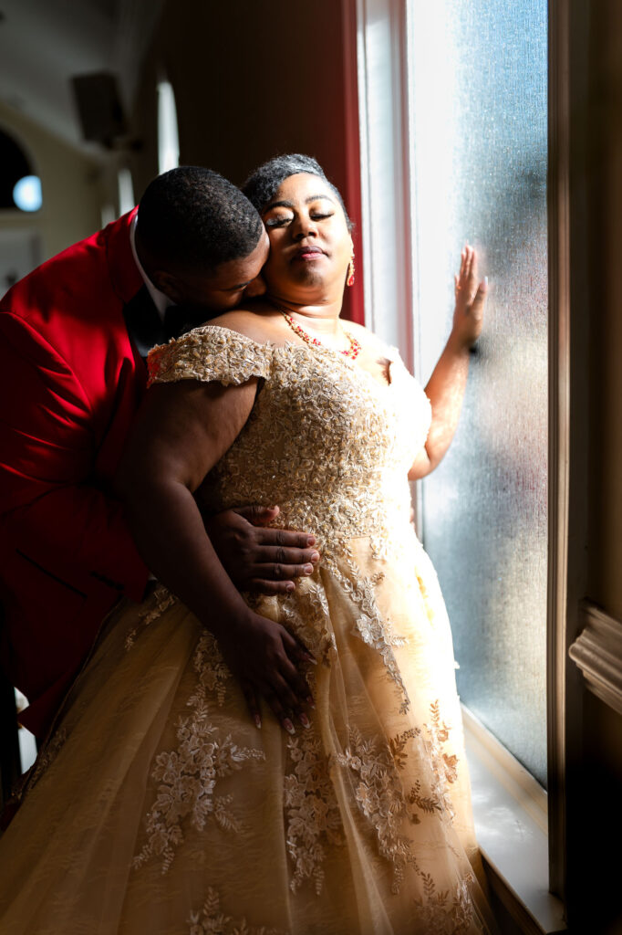 Bride and groom sharing an intimate moment at their wedding at pristine chapel 