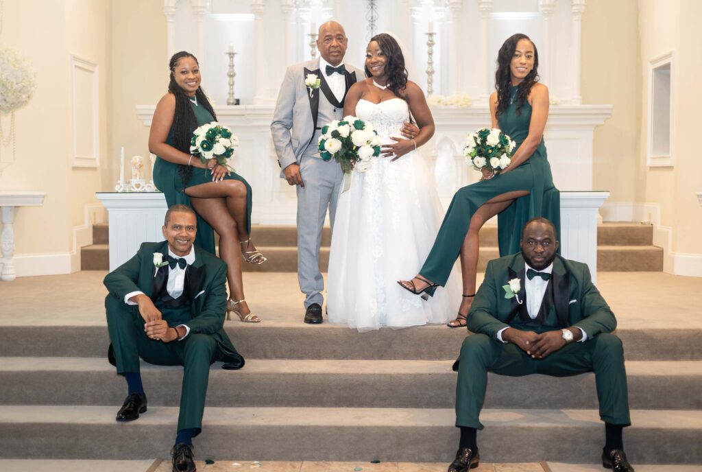 bridal party photos inside pristine chapel