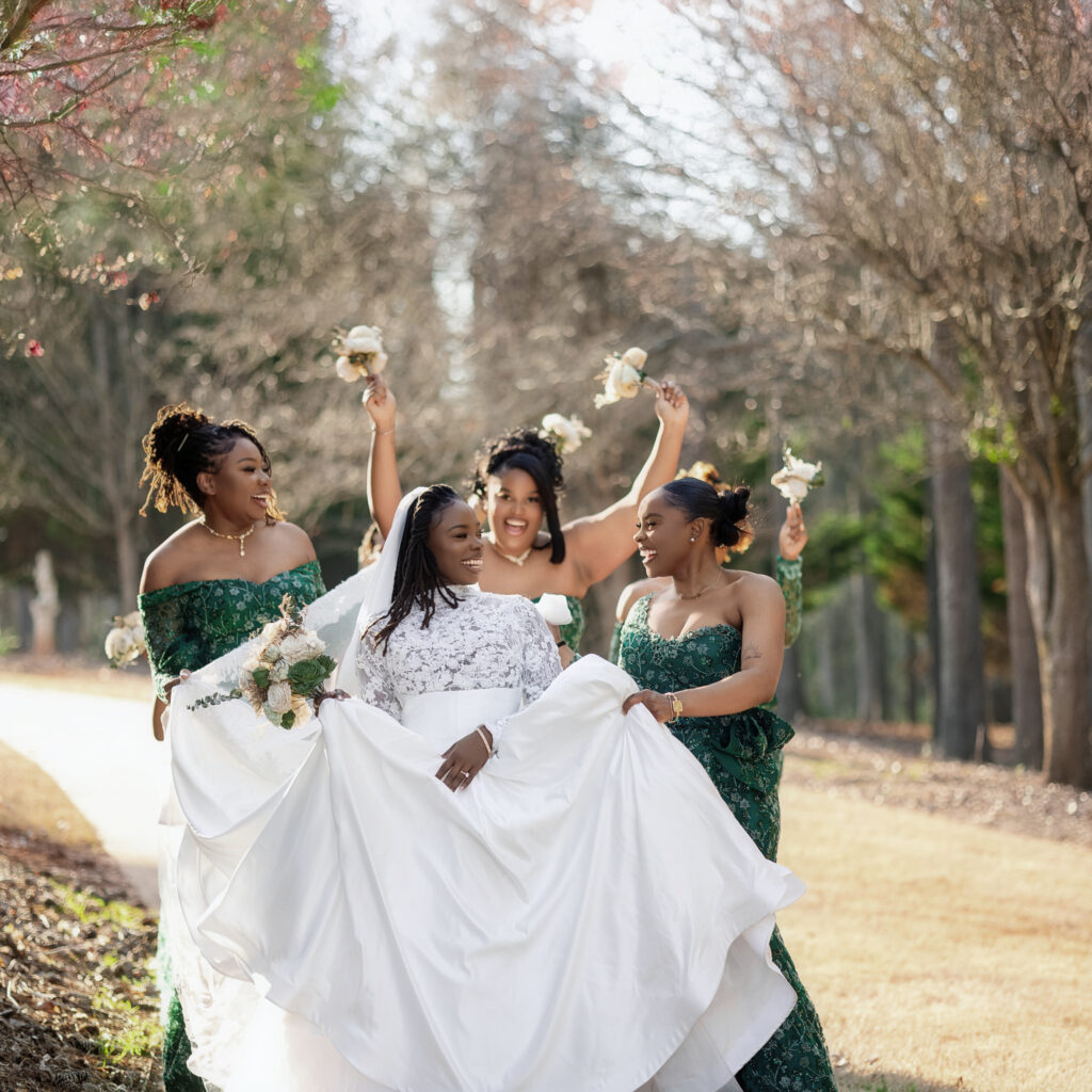 bride and bridesmaid sharing a candid moment  at a wedding at  Pristine Chapel in Atlanta Georgia
