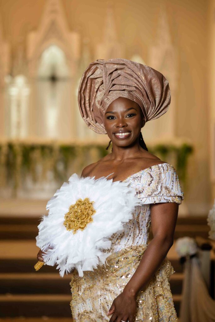 bride dressed in her african outfit at her wedding at Pristine Chapel in Atlanta 