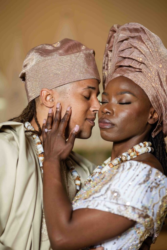 bride and groom in african attire at their wedding at Pristine Chapel in Atlanta 