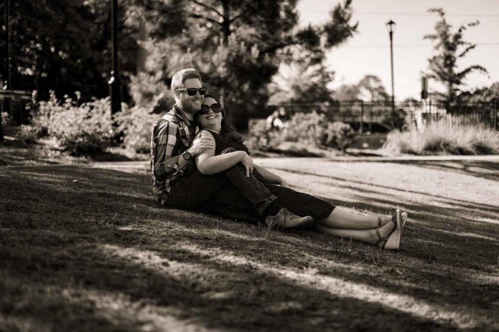 Smiling couple portrait  in Decatur Georgia engagement photoshoot