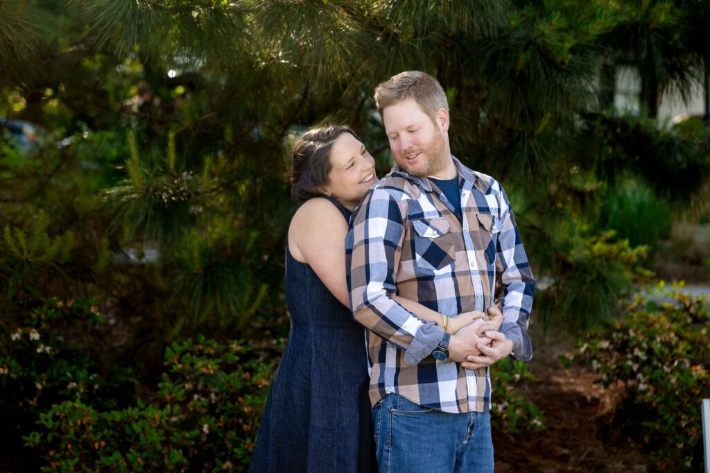 Golden hour engagement photos in downtown Decatur Atlanta with soft light